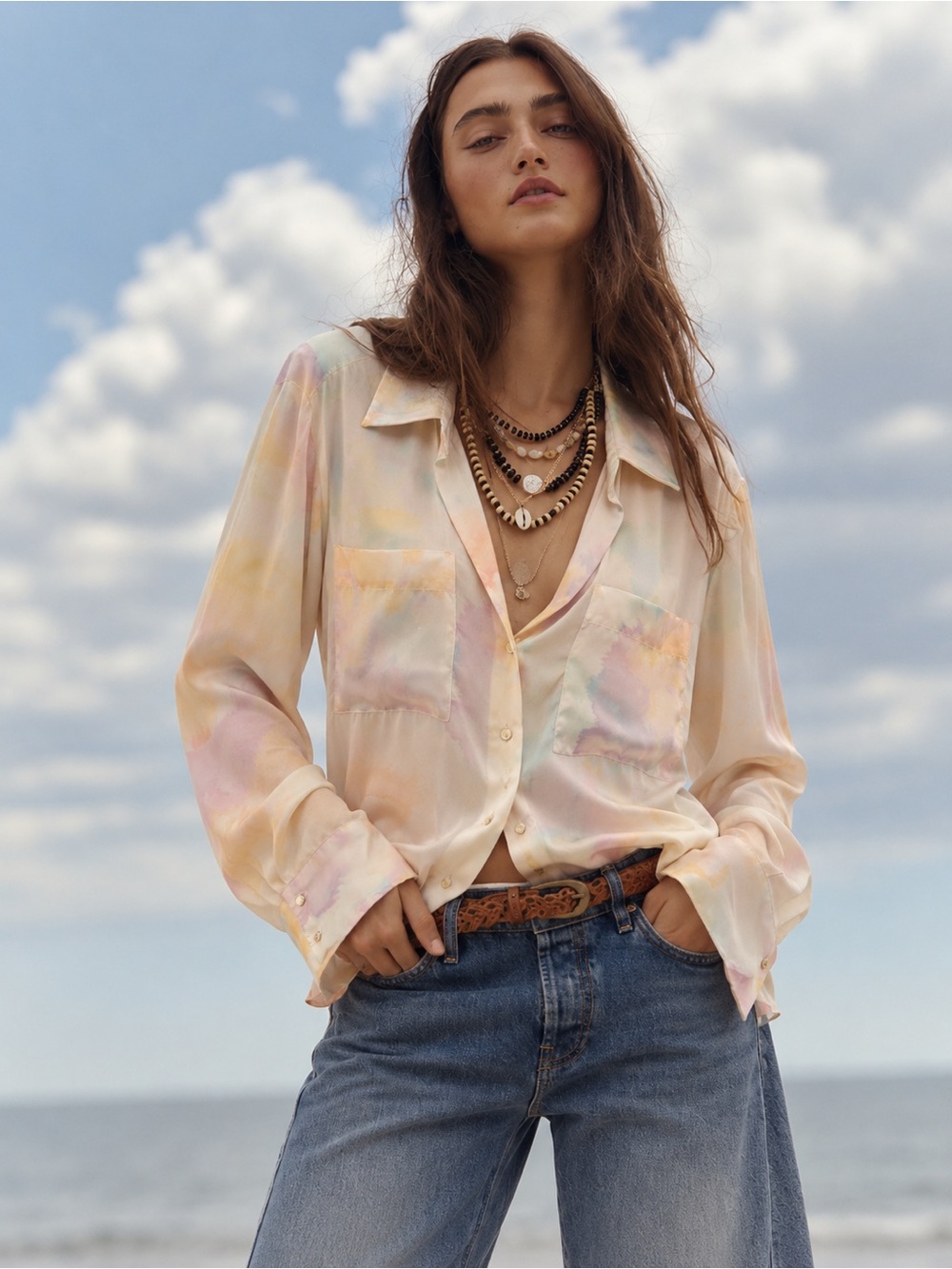 Satiny Pastel Watercolor Button-Down Shirt - Cream Pink